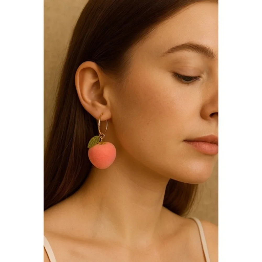 Pink Fuzzy Peach Earrings with Green Leaf Charm – Cute Fruit Hoop Jewelry‎ new